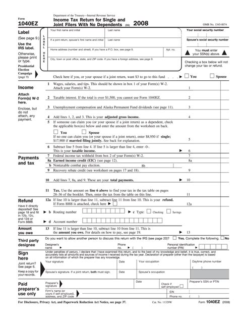 Printable 1040ez Tax Form Tutoreorg Master Of Documents