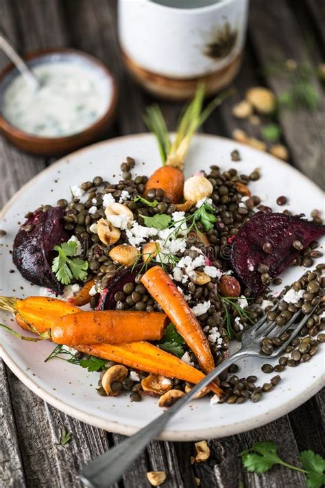 Lentils Salad With Roasted Carrots Beetroots Grilled Hazelnuts And
