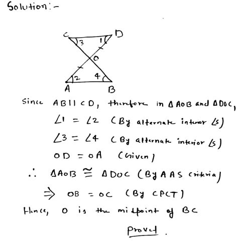 in the given figure ab parallel to cd and o is the midpoint of ad show that i triangle
