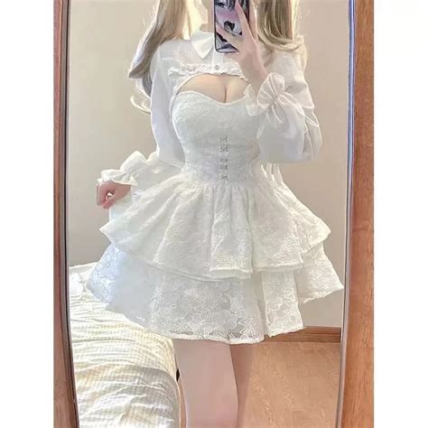 S Cak K Z Dantel Beyaz Kawaii Lolita Elbise Kad N Basamakl Ruffl Uzun