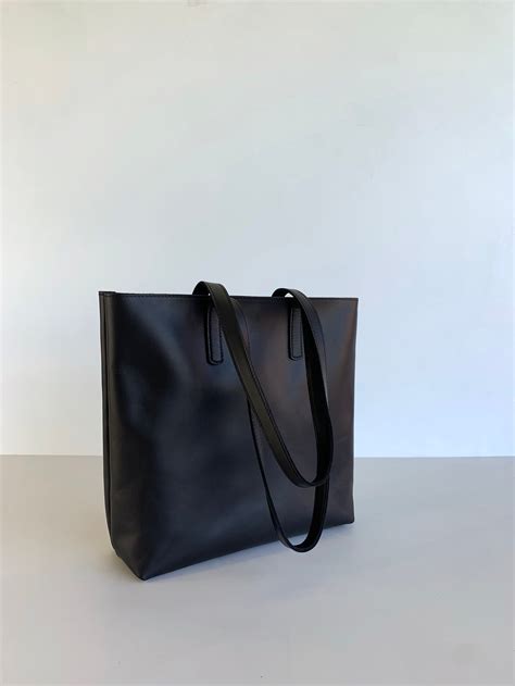 Small Sized Smooth Black Leather Tote Bag With Optional Zipper Etsy