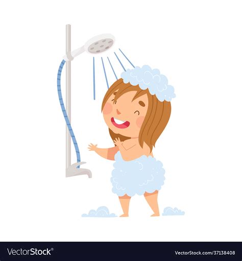 Little Girl Having Shower In Bathroom Washing Vector Image