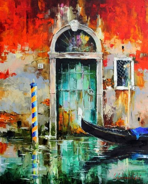 A Painting Of A Gondola In Front Of A Building With An Open Door