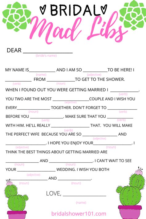 There is a link to a printable version if you would like to use it at your next bridal shower. Bridal Shower Mad Libs | Bridal Shower 101