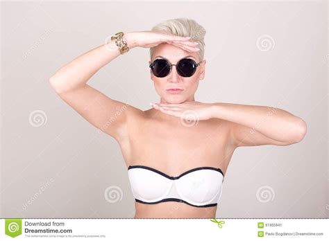 Portrait Platinum Blonde With Sunglasses Stock Image Image Of Breast
