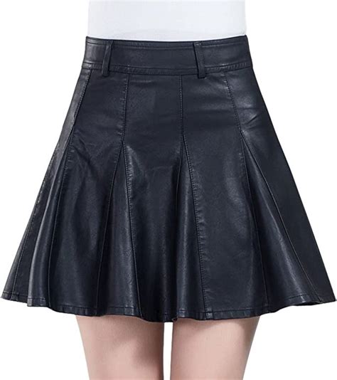 Chouyatou Women S Casual Side Zipper Flare Pleated Faux Leather Skater Skirts In Leather