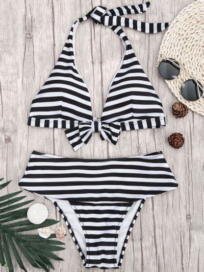 Halter Striped Bikini Top And Bottoms White And Black Biquíni