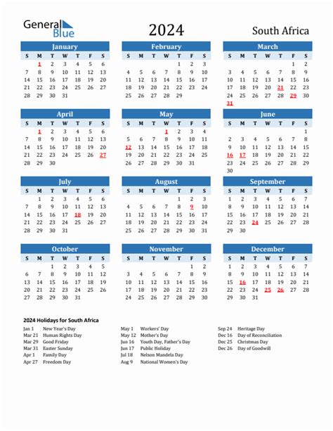 2024 Printable Calendar With South Africa Holidays
