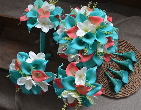 Turquoise Blue Coral Wedding Bouquets Real Touch Calla Etsy Blue