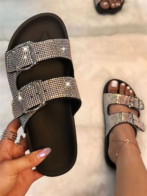 Womens Rhinestones Buckle Slide Sandals With Soft Footbed