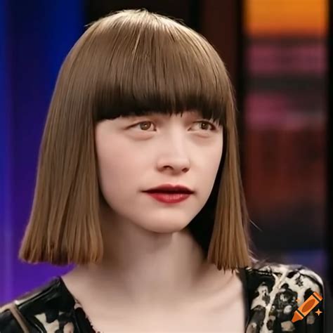 Mia Goth Getting Her Bangs Trimmed On A Talk Show On Craiyon