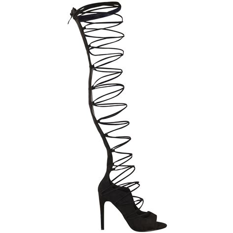 Womens Ladies Thigh High Lace Up Stiletto Heels Sandals Sexy Party Boots Size Uk Ebay