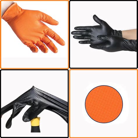 Orange Black Diamond Textured Nitrile Gloves Heavy Duty Latex And Powder