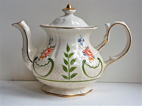 Vintage Teapot English Ceramic Kitchenware With Crackle Flowers