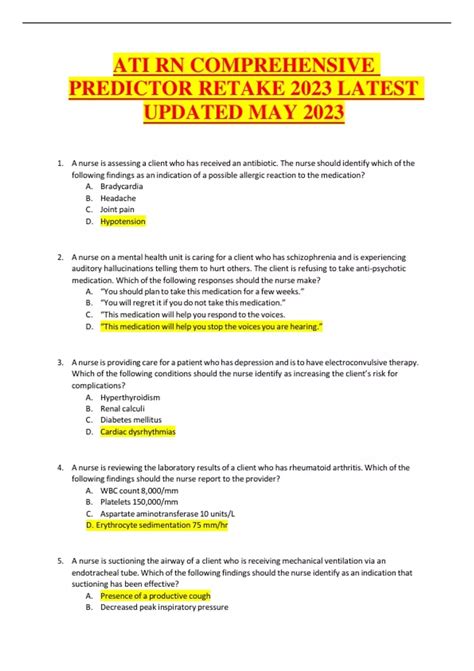 ATI RN COMPREHENSIVE PREDICTOR RETAKE 2023 LATEST UPDATED MAY 2023