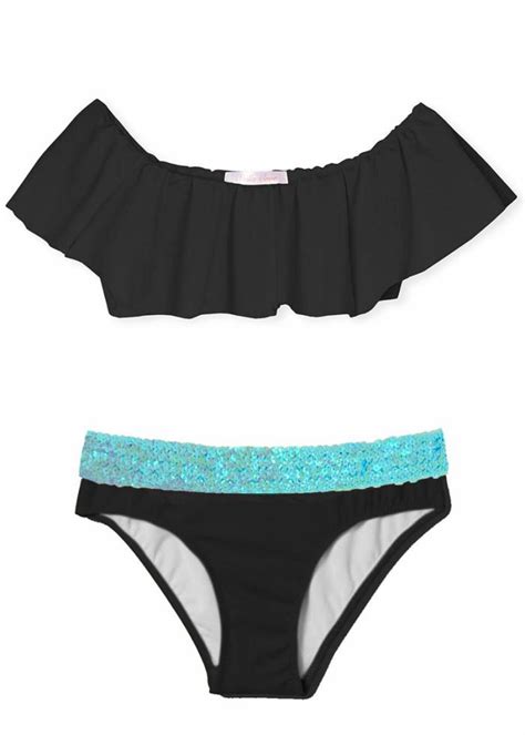 Girls Stella Cove Bikinis Two Piece Bikini With Aqua Sequin Belt Black Melissa Park Voshell