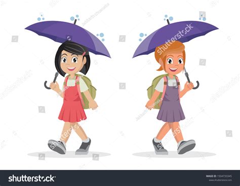 Cartoon Character School Girl Umbrella Rain Vector De Stock Libre De