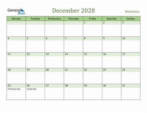 Fillable Holiday Calendar For Botswana December 2028