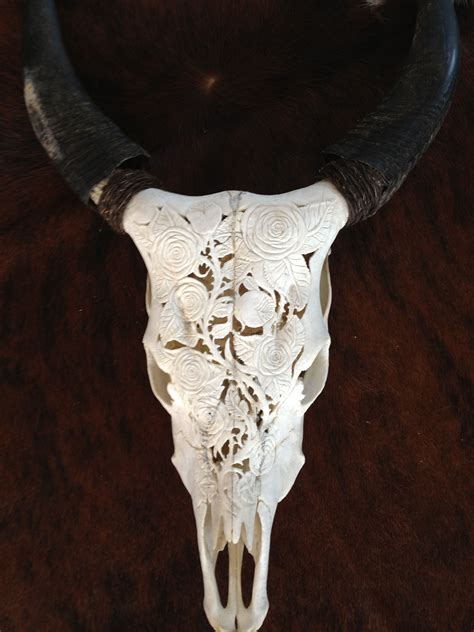 Hand Carved Cow Skull Roses And Vines Contact Pts24 For