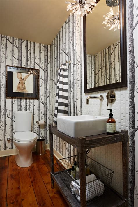 Stylish Black And White Bathroom Features Tree Print