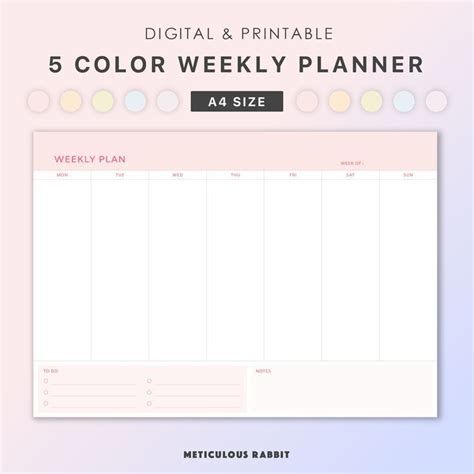 5 Color Weekly Planner Printable A4 Size Weekly Planner Etsy Weekly