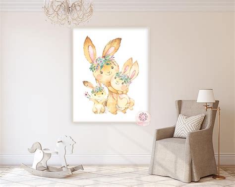 3 Boho Bunny Rabbit Wall Art Print Woodland Bunnies Nursery Baby Girl