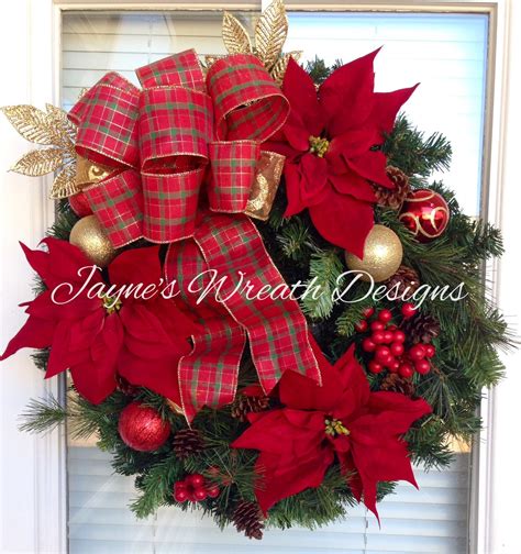 Classic Traditional Pine Wreath With Poinsettias Ornaments Berries