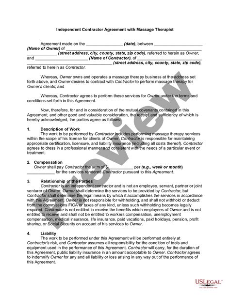 Independent Contractor Agreement With Massage Therapist Us Legal Forms