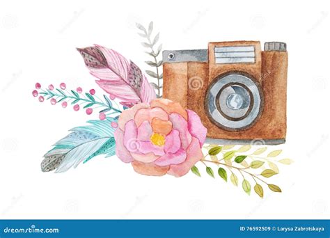Watercolor Camera And Flowers Stock Illustration Illustration Of