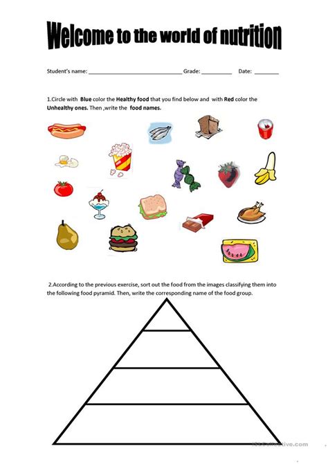Using the blank healthy food plate template (u1l2r1), fill in the correct food groups as they are mentioned. 41 FREE ESL healthy food worksheets