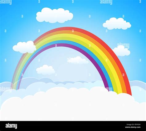 Cartoon Sky With Rainbow And Clouds Vector Horizontal Background With