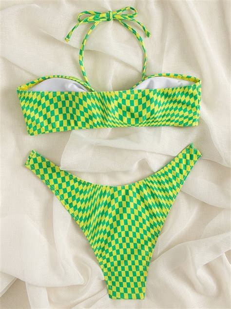 2022 Checkered Halter Bikini Set Green S In Bikini Sets Online Store