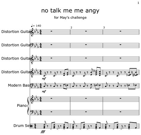 No Talk Me Me Angy Sheet Music For Distortion Guitar Modern Bass Piano Drum Set