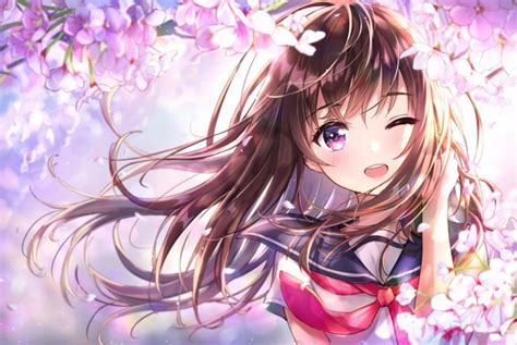 Wallpaper Anime Girl Wink Cherry Blossom Cute School Uniform Smiling Wallpapermaiden