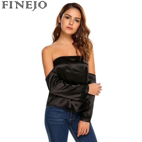 Finejo Fashion Women Strapless Long Sleeve Lace Trimmed Patchwork Topst Shirts Aliexpress