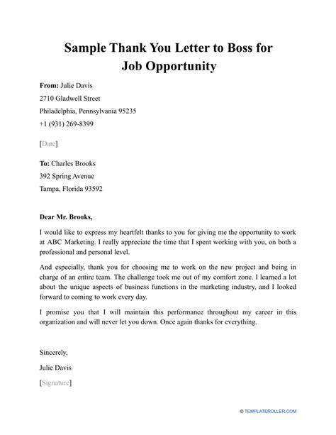 Sample Thank You Letter To Boss For Job Opportunity Download Printable