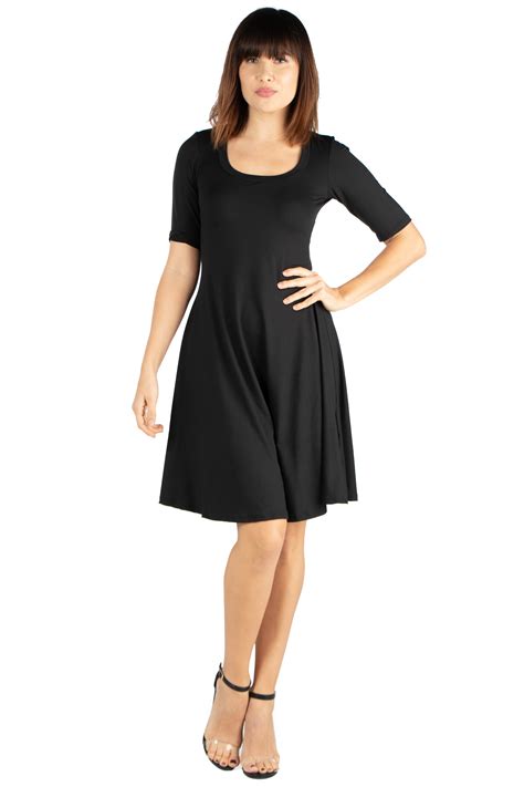 24seven Comfort Apparel Elbow Sleeve Knee Length Dress In Black Size S