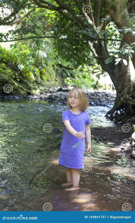 A Young Girl In A Purple Dress Wading In A River In Hawaii Stock Image