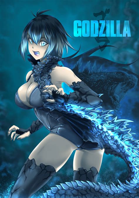 rule 34 black hair black legwear black scales blue eyes blue hair blue scales godzilla