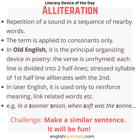 alliteration poetic device, examples and definitions | Teaching