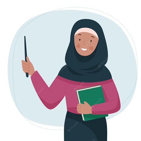 Premium Vector Female Arabic Teacher Muslim Woman In A Hijab Stands With Pointer And Book
