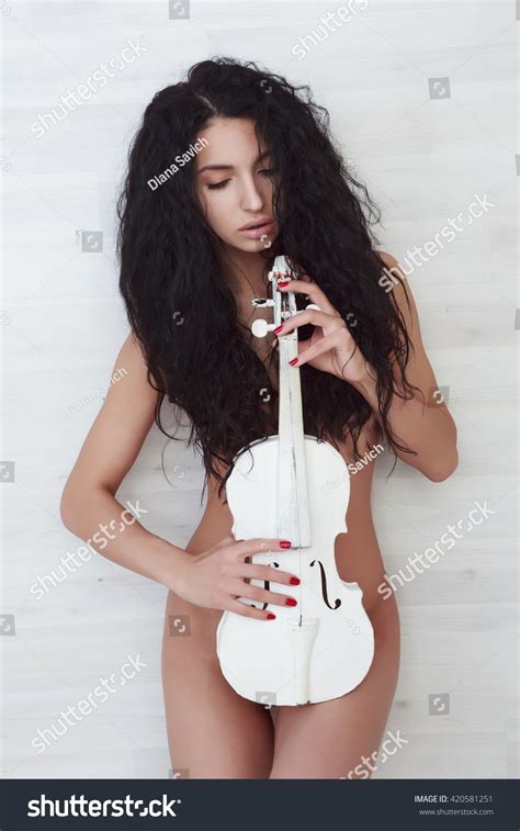 Portrait Beautiful Nude Girl White Violin Stock Photo 420581251