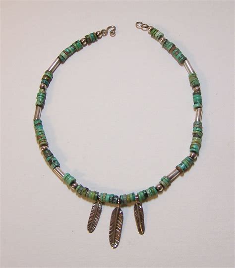 Turquoise Heishi Necklace With Sterling Silver Feathers Beads Etsy