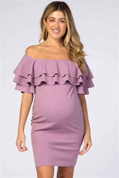 Violet Layered Ruffle Off Shoulder Fitted Maternity Dress Fitted