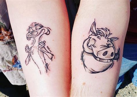 This stunning minimalist tattoo outlines simba, pumbaa and timon in a spotless single needle style. Five Reasons That Timon and Pumbaa are Ultimate Couple Goals