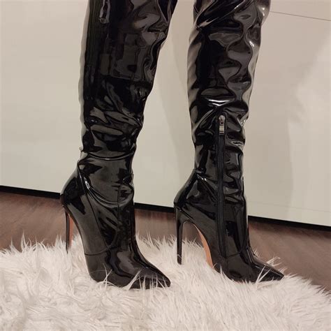 Black Patent Leather Zip Pointed Toe Knee High Boots Onlymaker