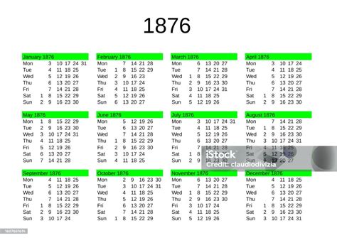 Year 1876 Calendar In English Stock Illustration Download Image Now