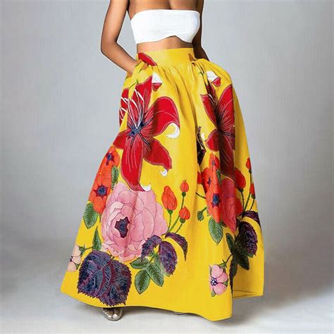 voss women bohemian floral print skirt high waist party beach pocket long maxi skirt
