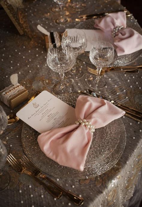 Elegant Wedding Tablescape Pink Bow Tie Napkins Lace And Pearl Tablecloth And Pearl Napkin