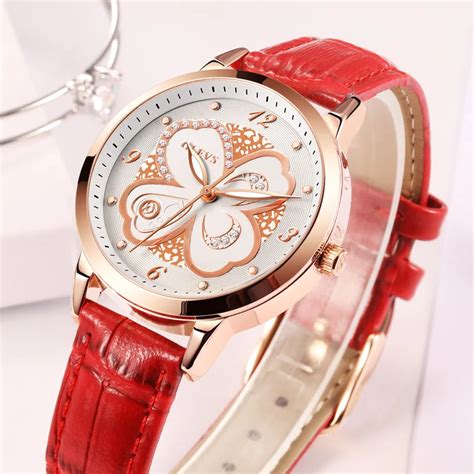 Olevs Luxury Watches Women Red Leather Wrist Watch Female Clock Elegant